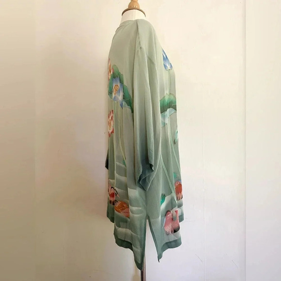 Silk Kimono Top Coverup Open Front Hand Painted Art To Wear Lotus Pond One Size - Picture 5 of 10